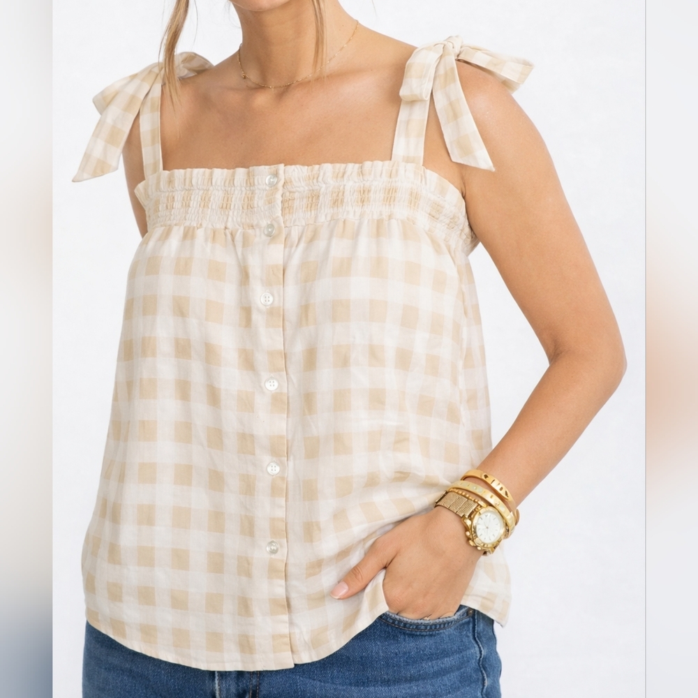 Coquette Cottagecore Gingham Tie Strap Smocked Button Front Top Beige